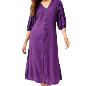 J Jill Linen Blend Midi Dress Petite Medium Purple Button Front NWT